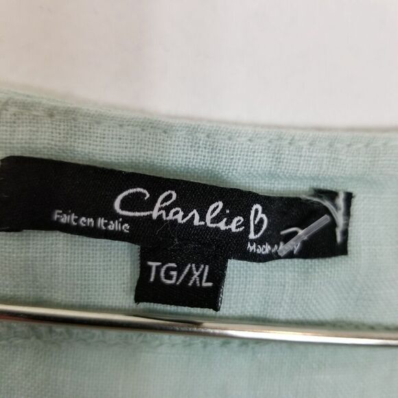 Charlie B Women Linen Tie Front Blouse Top Sz XL Light Green Short Sleeve - Picture 4 of 5
